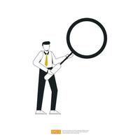 Homme d'affaires ou jeune homme travailleur pose avec loupe sur geste de la main dans un style plat isolé illustration vectorielle vecteur