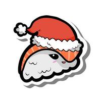 mignonne dessin animé Saumon Sushi sourire avec Noël rouge chapeau sur blanc silhouette et gris ombre. vecteur illustration à propos vacances.
