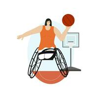 Trois décembre monde journée de désactivée gens vecteur logo conception. une femme sans pour autant jambes dans une fauteuil roulant pièces basket-ball.