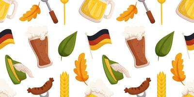 sans couture modèle avec allemand Bière Festival objets tel une allemand drapeau, blé, tyrolienne chapeau, différent feuilles, verre de foncé et lumière Bière vecteur