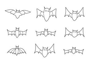 ensemble de main tiré contour Halloween chauve souris ligne art dessin vecteur, différent en volant chauves-souris animaux nuit voler dans élément enfant dessin pour garderie marrant Halloween chauves-souris coloration feuilles graphique élément vecteur