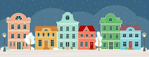 rue avec mignonne coloré Maisons à hiver nuit sur Noël veille. traditionnel vieux européen Maisons. bâtiments de face voir. hiver ville, ville panorama. vecteur illustration dans plat style.