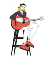 femelle guitariste en jouant pays la musique ligne dessin animé plat illustration. européen adulte femme pays chanteur 2d lineart personnage isolé sur blanc Contexte. la musique interprète scène vecteur Couleur image