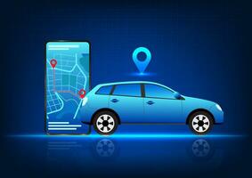 voiture La technologie connecté à les smartphones aide identifier le emplacement et naviguer à le destination. une voiture avec une épingle sur Haut et une mobile téléphone avec une carte sur le écran avec le emplacement indiqué. vecteur