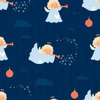 Noël sans couture modèle avec mignonne ange blond fille avec trompette sur bleu Contexte. vecteur illustration dans dessin animé style. mignonne Noël des gamins collection.