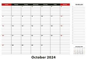 octobre 2024 mensuel bureau tampon calendrier la semaine départs de dimanche, Taille a3. vecteur