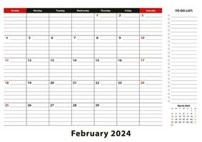 février 2024 mensuel bureau tampon calendrier la semaine départs de dimanche, Taille a3. vecteur