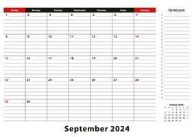 septembre 2024 mensuel bureau tampon calendrier la semaine départs de dimanche, Taille a3. vecteur