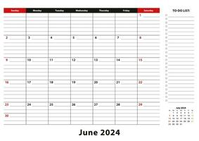 juin 2024 mensuel bureau tampon calendrier la semaine départs de dimanche, Taille a3. vecteur