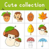 ensemble d'autocollants avec des personnages de dessins animés mignons. clipart d'automne. dessiné à la main. paquet coloré. illustration vectorielle. collection de badges patch. éléments de conception d'étiquettes. pour planificateur quotidien, agenda, organisateur. vecteur