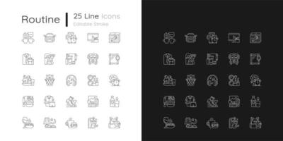 icônes linéaires de routine quotidienne définies pour les modes sombre et clair. réveil. pause café. transport pour le transit. symboles de ligne mince personnalisables. illustrations de contour de vecteur isolé. trait modifiable