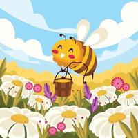 Abeille souriante au champ de fleurs ramassant du miel vecteur