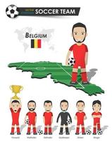 équipe nationale de la coupe de football de Belgique. joueur de football avec maillot de sport se tient sur la carte du pays du champ de perspective et la carte du monde. ensemble de positions de footballeur. design plat de personnage de dessin animé. vecteur. vecteur