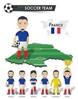 équipe nationale de coupe de football de france. joueur de football avec maillot de sport se tient sur la carte du pays du champ de perspective et la carte du monde. ensemble de positions de footballeur. design plat de personnage de dessin animé. vecteur. vecteur