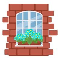 fleurs sur la fenêtre, mur de briques avec fenêtre blanche, illustration vectorielle dans un style plat, dessin animé, isolé vecteur