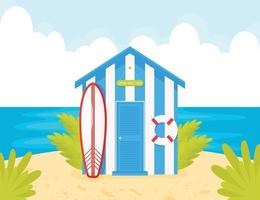 cabine de plage bleue avec surf et bouée de sauvetage