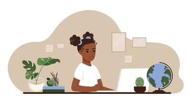 concept d'apprentissage à distance scolaire. une écolière afro-américaine étudie à la table avec un ordinateur portable et des livres à la maison. illustration vectorielle plane