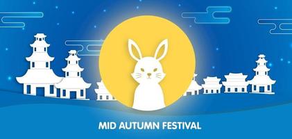 bannière du festival de la mi-automne avec des lapins mignons en papier découpé. vecteur