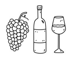 du vin bouteille, du vin verre et grain de raisin isolé sur blanc Contexte. alcoolique boisson. vecteur dessiné à la main illustration dans griffonnage style. parfait pour cartes, menu, décorations, logo, divers conceptions.