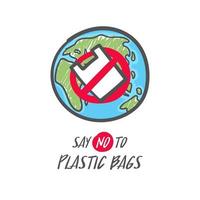 dessinés à la main, sauvez le signe de la terre. aucune icône de sac en plastique. dites non au sac en plastique. vecteur