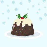 Noël pudding vecteur traditionnel vacances saison dessert avec une crémeux Haut. avec neige Contexte