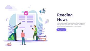 lire les journaux et les médias d'articles de presse en ligne sur le concept de smartphone avec le caractère des gens. modèle d'illustration à plat pour la page de destination Web, la bannière, la présentation, les médias sociaux, les affiches, les publicités ou les médias imprimés vecteur