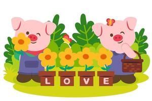 Pinky pig couple avec fleur de soleil en pot vecteur