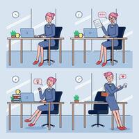 femme d'affaires ou un commis travaillant à son bureau. femme de bureau parlant avec diverses poses et gestes de la main pour la présentation de l'entreprise. vecteur