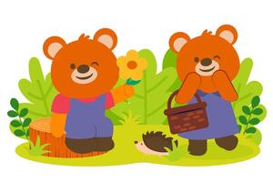 amoureux des ours heureux avec des fleurs dans le parc vecteur