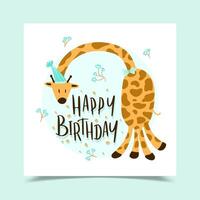 carte de voeux joyeux anniversaire décorée de girafe portant un chapeau de noël vecteur