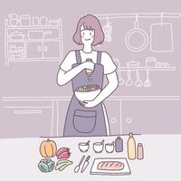 illustration vectorielle à plat avec une fille qui cuisine dans la cuisine vecteur