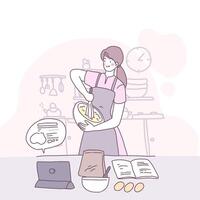 illustration vectorielle à plat avec une fille qui cuisine dans la cuisine vecteur