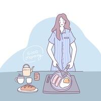 illustration vectorielle à plat avec une fille qui cuisine dans la cuisine vecteur
