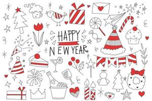 doodle du nouvel an avec boîte-cadeau, cupcake, vin, bougie, gâteau, oiseau et arbre pour le fond. vecteur