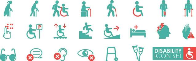 ensemble de invalidité. solide icône Facile style. il contient fauteuil roulant, cassé jambe, handicapés,accessibilité, aveugle, assistance et surdité Icônes vecteur