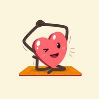 personnage de coeur de dessin animé faisant de l'exercice sur un tapis de yoga vecteur