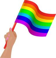 drapeau arc-en-ciel à la main. drapeau de fierté, main tenant le symbole lgbt isolé sur fond blanc, illustration vectorielle vecteur