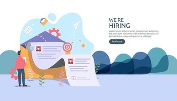 concept de recrutement ou d'embauche en ligne avec un caractère minuscule. sélectionnez un processus de reprise. entretien en agence. modèle pour la page de destination Web, la bannière, la présentation, les médias sociaux. illustration vectorielle vecteur