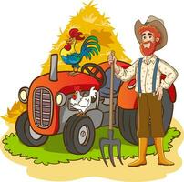 illustration de une agriculteur avec une poulet et une tracteur. vecteur