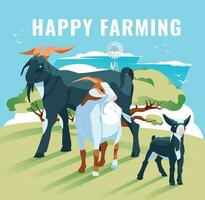 chèvre famille sur une vert Prairie contre une ferme maison. vecteur plat illustration. agriculture, animal agriculture et agriculture.