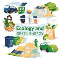 vert énergie et recyclage concept. électrique voitures, gaz gare, sacs écologiques avec légumes, déchets tri bacs, pot, l'eau bouteille, café Coupe. solaire panneaux sur le toit de le maison. vecteur