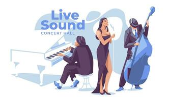 le jazz, rockabilly ou classique la musique groupe femelle chanteur, pianiste, double basse joueur, isolé sur blanc Contexte. la musique concert, performance et festival. plat vecteur illustration