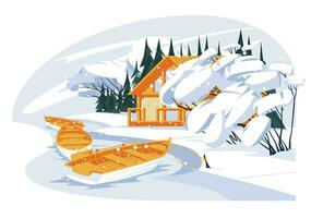 une en bois des loisirs maison sur le rivière banque. confortable hiver sortie saisonnier paysage. plat vecteur illustration