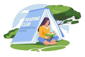 une âge scolaire fille lit dans la nature dans une cabane cette aurait avoir le forme de une livre. plat vecteur illustration