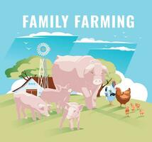 une famille de les cochons et une poulet famille sur une vert Prairie contre une Contexte de une bleu ciel. vecteur plat illustration. agriculture, élevage en ranch et agriculture.