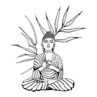 Bouddha séance dans bambou branches main tiré ligne art vecteur illustration. méditation élément pour yoga, bouddhisme noir et blanc dessins