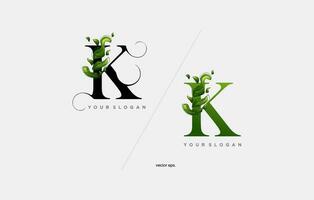 une vert lettre k avec feuilles et feuilles vecteur