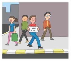 l'homme de la bande dessinée est au chômage et marche dans la rue avec une pancarte indiquant que j'ai besoin d'une illustration vectorielle de travail vecteur