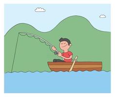 dessin animé, homme, pêche, à, crochet, dans, bateau, lac, ou, mer, vecteur, illustration vecteur