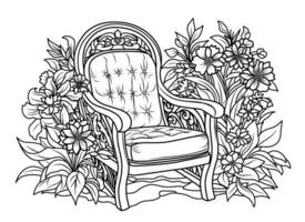 coloration page de une magnifique romantique jardin. fauteuil dans le jardin parmi fleurs vecteur